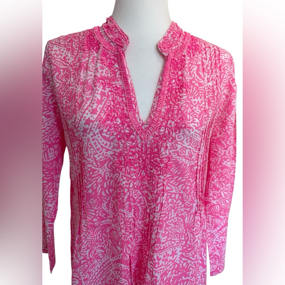 Lilly Pulitzer Sarasota Beaded Tunic Top Sz M Pink White Shell Print 3/4 Sleeve - Picture 2 of 12